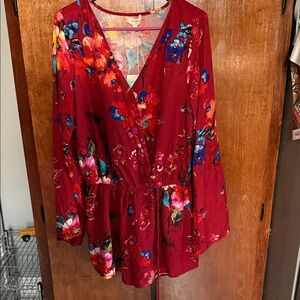 Umgee Burgundy Floral V-Neck Dress